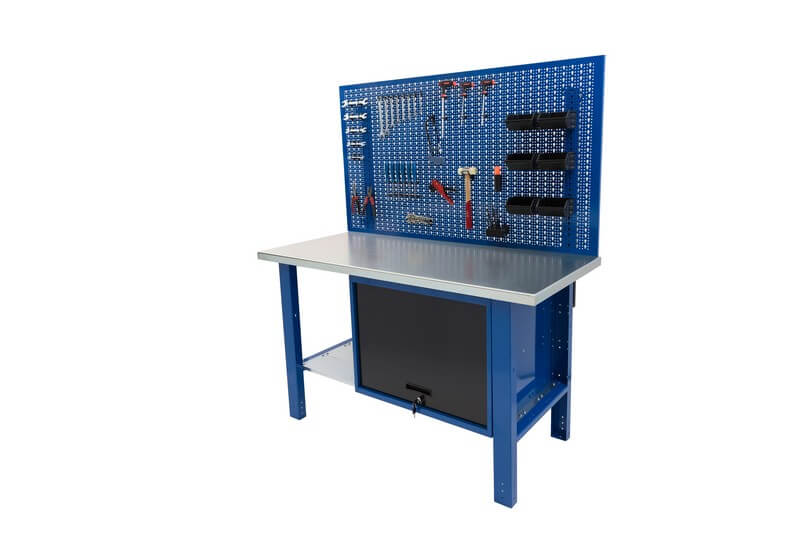 Banco da lavoro con scaffalatura con antina e chiave e un pannello nella parte posteriore