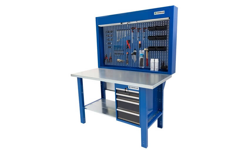 banco da lavoro con cassettiera con cassettini e un piano a sinistra, un pannello nella parte posteriore